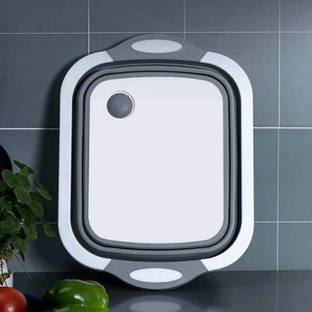 cozena 3 in1 foldable silicon fruits & vegetables washing bowl with draining, chopping board, fruit tray, ice bucket Silicone Cutting Board (Grey, White Pack of 1) Plastic Cutting Board