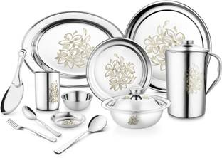 Jensons Pack of 51 Stainless Steel Life Time Stainless Steel Shahi Parivar Permanent Laser Design 51 Pcs Dinner Set Dinner Set