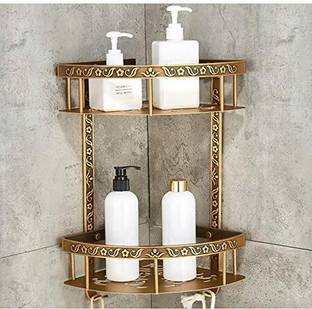 IMPULSE Antique Wall Mount Aluminium Double Tier Corner/Bathroom/Kitchen Shelf (Brass) Aluminium Wall Shelf
