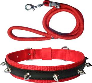 ADIOS Good Quality Dog Belt Combo of Red Nylon Spike Collar with Red Lead 1.5m Lengthy Dog Collar & Leash