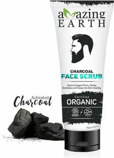 Amazing Earth Charcoal Face Scrub for Men - Certified Organic, Skin Brightening, Blackhead, Oil Control, Silicon & Paraben Free, Cruelty Free & Vegan - 100 gm Scrub