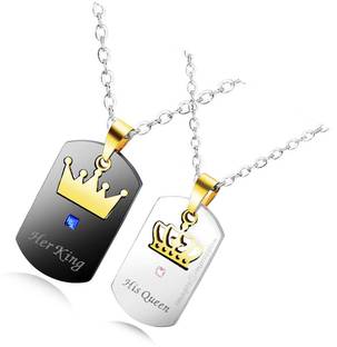 impression Stainless Steel Her King His Queen Couple Pendant Necklace with Chains for Men, Women and Lovers (Black-Silver) Sterling Silver Cubic Zirconia Stainless Steel Pendant Set