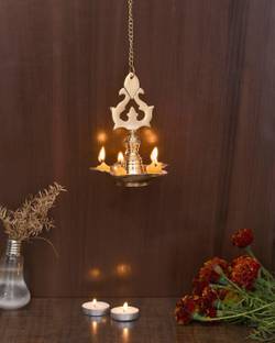Collectible India Brass Diya Hanging Lamp Stand for Puja - Diya Oil Lamp for Home Decor Mandir Pooja Deepak Puja Deepam Diwali Gift Brass Hanging Diya