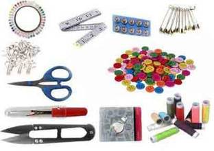 StwoN Sewing Materials Multicolour Combo with multiple accessories- threads-colorful buttons-scissor-needles-boobins-tailor marker-stitch opener-bobbin case-craft cutter-measuring tape-hooks-tich buttons
