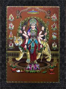 Janki Beautiful Durga Mataji Shero Wali Mataji Wall Painting with Frame Digital Reprint 16 inch x 12 inch Painting