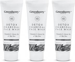 Greenberry Organics Detox Charcoal , Vitamin C, Green Tea, Tea Tree, Controls Oil, Anti Acne, Anti Pollution, All Skin Type, Unisex, Natural & Organic, 120 ml X 3 Tubes Face Wash