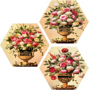 saf FLORAL SET OF 3 HEXAGON UV COATED DIGITAL REPRINT PAINTING Digital Reprint 17 inch x 17 inch Painting