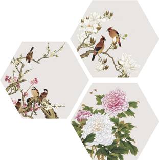 saf BIRDS SET OF 3 HEXAGON UV COATED DIGITAL REPRINT PAINTING Digital Reprint 17 inch x 17 inch Painting