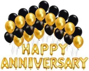 deepak enterprises Solid Golden Happy Anniversary Foil with Gold and Black Balloon