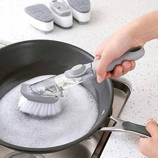 DK FASHION Kitchen Cleaning Brush Scrubber Dish Bowl Washing Sponge with Refill Liquid Soap Dispenser-Kitchen Pot Cleaner Tool Long Handle Sponge with White Wok Brush-Automatic Liquid Addition Sponge Nylon Wet and Dry Brush Microfibre Wet and Dry Brush