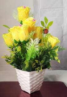 BK Mart Imported Beautiful Yellow Rose Flower bunch For home Shop Office Decor - 10 Flower Sticks Yellow, Green Rose Artificial Flower  with Pot