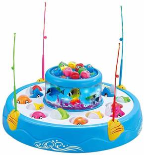 Jugutoz Fishing Fish-Catching Game with 26 Pieces Fishes, 2 Rotary Ponds and 4 Pods with Music and Light Function (Multicolour)