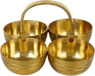 Fellix Puja Roli Chawal Elaichi Mishri 4 Bowl Stand Brass (1 Pieces, Gold) Brass