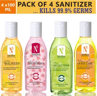 NutriGlow NATURAL'S HAND SANITIZERS COMBO Of 4 Variants /Neem +Orange +Lime+ Strawberry/ Disinfectant/ Protection Against Viruses, Flu, Bacteria/4*100 ml Hand Sanitizer Bottle