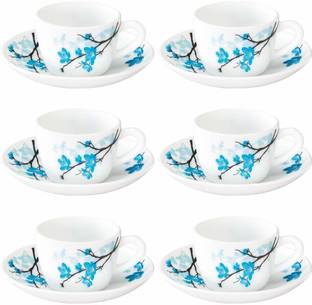 Larah by Borosil Pack of 12 Opalware Design MIMOSA {{ Cup 140 ML || Saucer 133 MM }}