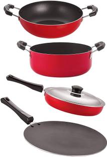 NIRLON Non-Stick Cookware Kitchen Cooking Essential Combo Set,4 Pieces (Red & Black) Non-Stick Coated Cookware Set