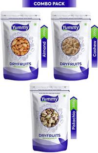 Yummy Premium Quality Dry Fruits Seeds Nuts Combo Pack with Almonds/Badam, Cashew/Kaju & Pistachio/Pista (Pack of 3, 200g Each) Almonds, Cashews, Pistachios