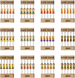 JUKR 1/4 Watts Carbon Film Resistors Students and Professionals DIY Package 120 Nos (10 Pcs Each) Fixed Resistor