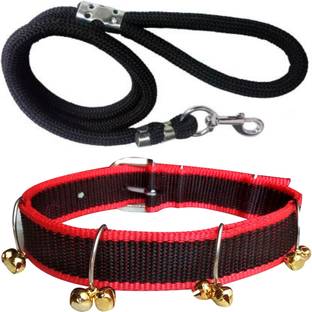 PEDIGONE Good Quality Dog Belt Combo of Red Black Ghungroo Collar with Black Lead 1.5m Lengthy Dog Collar & Leash
