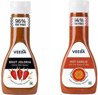 VEEBA Bhut Jolokia Extra Hot Sauce & Hot Garlic Stir Fry Sauce and Dip Combo Sauce