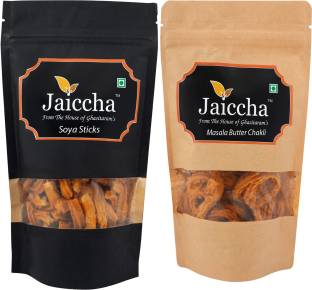 Jaiccha Namkeen Snacks- Pack of 2 Masala Butter Chakli and Soya Sticks Pouches