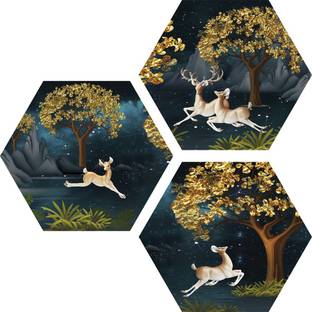 Janki Modern Art Dear (Hiran) in Forest 3 Piece Set of 3 Hexagon 6mm MDF Wall Painting Digital Reprint 21.5 inch x 21.5 inch Painting