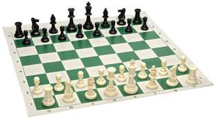 TIMA 17" x 17" Tournament Chess Set | Green Roll-up Vinyl Mat with Black and White Plastic Filled Chessmen Strategy & War Board Game