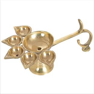dorvik collections Brass Panch aarti Deepak/Five face aarti/Deepak Diya for Pooja Room/Panch Diya for Daily Pooja use/panchmukhi Diya for Pooja with Designer Curved Handle for Holding Brass Table Diya
