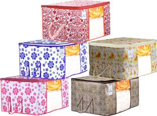 KUBER INDUSTRIES Designer Flower & Leaf Printed 5 Piece Non Woven Fabric Underbed Storage Bag,Cloth Organiser,Blanket Cover with Transparent Window, Pink & Blue & Ivory Red & Golden Brown & Red -CTKTC41128 BILLION041128