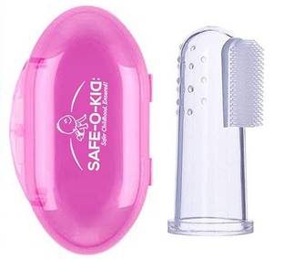 Safe-o-kid Extra Safe, Oral Hygiene, Transparent Silicone Finger Brush Tongue Cleaner for Baby Teething/Gums with Attractive Case- Pink Ultra Soft Toothbrush