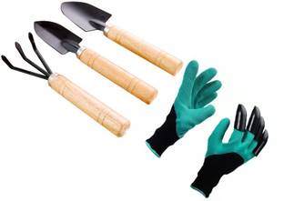 Mopslik 4 Pc Garden Tool Kit Toolkit / Set With Hand Gloves Rake Shovel and Spade Garden Tool Kit