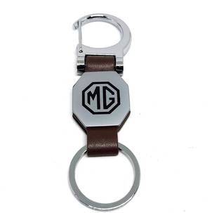 MG Hector Imported Dark Brown Leather & Steel Finish Metal Locking High Quality Keychain Key Chain