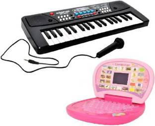 Tenmar Combo of 37 Key Piano Keyboard Toy with DC Power Option, Recording and Mic with Learning English Mini Screen Laptop for Kids (Multicolor)