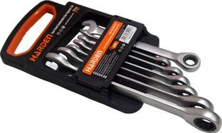 Harden 7 Pieces (8, 10, 12, 13, 14, 17, 19mm Sizes) Fixed Combination Gear Spanner Set with 72 Tooth Ratchet Head - Chrome Vanadium Steel, Hardened, Chrome Plated, Anti Rust - 540117 Double Sided Combination Wrench