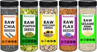 Naturewell Combo Pack of Chia Seeds 200g ,Flax Seeds 200g ,Sesame Seeds 150g ,Sunflower Seeds 150g ,Pumpkin Seeds 150g (Raw Seeds) Chia Seeds, Brown Flax Seeds, Sunflower Seeds, Pumpkin Seeds, Sesame Seeds
