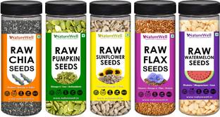 Naturewell Combo Pack of Chia Seeds 200g ,Flax Seeds 200g ,Watermelon Seeds 150g ,Sunflower Seeds 150g ,Pumpkin Seeds 150g (Raw Seeds) Chia Seeds, Brown Flax Seeds, Sunflower Seeds, Pumpkin Seeds, Watermelon Seeds