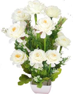 BK Mart White Marigold Artificial Flower  with Pot