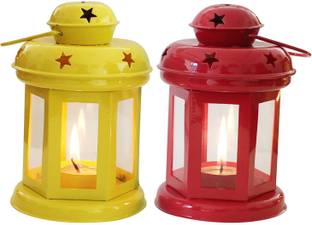 Being Nawab Mesmerizing Red and Yellow Iron, Glass 2 - Cup Tealight Holder