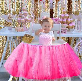 DECOR MY PARTY Dark Pink Table Skirt Chiffon , Tablecloth Net Yarn , Tableware Side Cover Cloth for Wedding , Party , Baby Shower , Lace Birthday Party , Decoration , Valentine's Day , Christmas