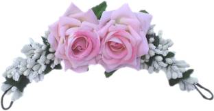 Maahal Hair Accessories Fold-able Light Weight White Poollen with Pink Rose Flower Gajra Bun Maker Bun