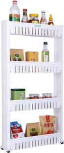 FLIPZON 4 Tier Slim Multipurpose Storage Rack - Space Saving Storage Organizer Rack Shelf with Wheels Plastic Kitchen Trolley