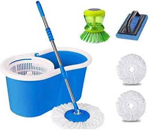 GTE 360° Spin Easy Clean Floor Mop Bucket Spinning Mop with 2 Microfiber Head & Tile brush, Gloves Mop Set