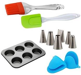 noble foods Baking Combo of Silicone Spatuala and Brush with Silicone Mitton Gloves 6 Slot Muffin Tray Also 6 Different Shaped Icing Nozzles Kitchen Tool Set