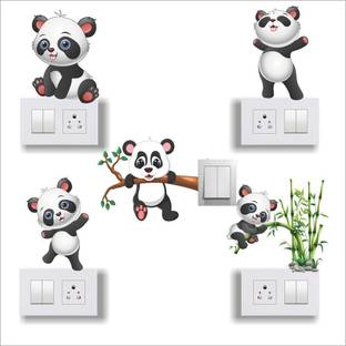 Printart 15 cm Beautiful 3D Cute Panda Medium Switch Board Sticker, Wall Sticker, Light Switch Set of 5 Sticker. Self Adhesive Sticker