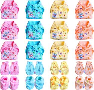 V.B.K Baby Care Combo Pack Of Nappy (12 Piece) and Mittens-Booties (4 Pairs), Hosiery Soft Material, Multicolor