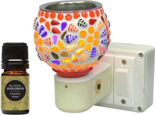 FStyler Sandalwood Aroma Oil Diffuser Set Electric Glossy Ceramic Aroma Oil Diffuser/Kapoor Dani/ Camphor Burner with Switch (in-Built On/Off Button for Heating) Hand-Crafted Incense Burner for Home, Office, Temple, Positive Energy and Ambiance with Sandalwood Aroma Oil 10ml