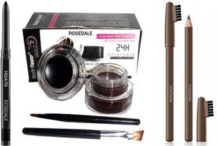 ROSEDALE Smudge Proof HDA70 Makeup Beauty Kajal & Music Flower Black and Brown Gel Eyeliner With brush 32 g & Professional High Quality Brown Eyebrow Pencil With Eyebrow Brush