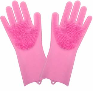 Dharmsut Enterprise Magic Silicone Latex-Free Scrub Cleaning Gloves with Scrubber for Dishwashing and Pet Grooming (Multicolour, 1 Pair) Grooming Gloves for Dog
