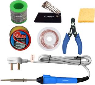 FADMAN 7 IN 1 Soldering Iron Kit (Set of 7) |Solder Wire|Soldering Paste Flux|Desoldering Wick|Wire Cutter|Stand|Sponge|Grey+Blue Soldering iron 25 W Simple