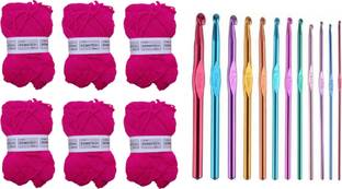 Sigmatech 6 Piece Wool Ball Hand Knitting Yarn, Crochet Hook Yarn, Art & Craft with 12 Aluminium Knitting Needle (dark pink color)